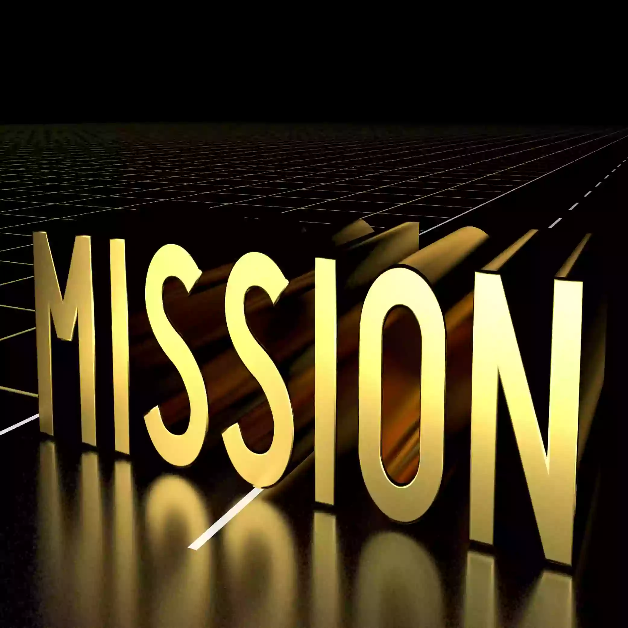 Shiny 'MISSION' text on a stark grid backdrop.
